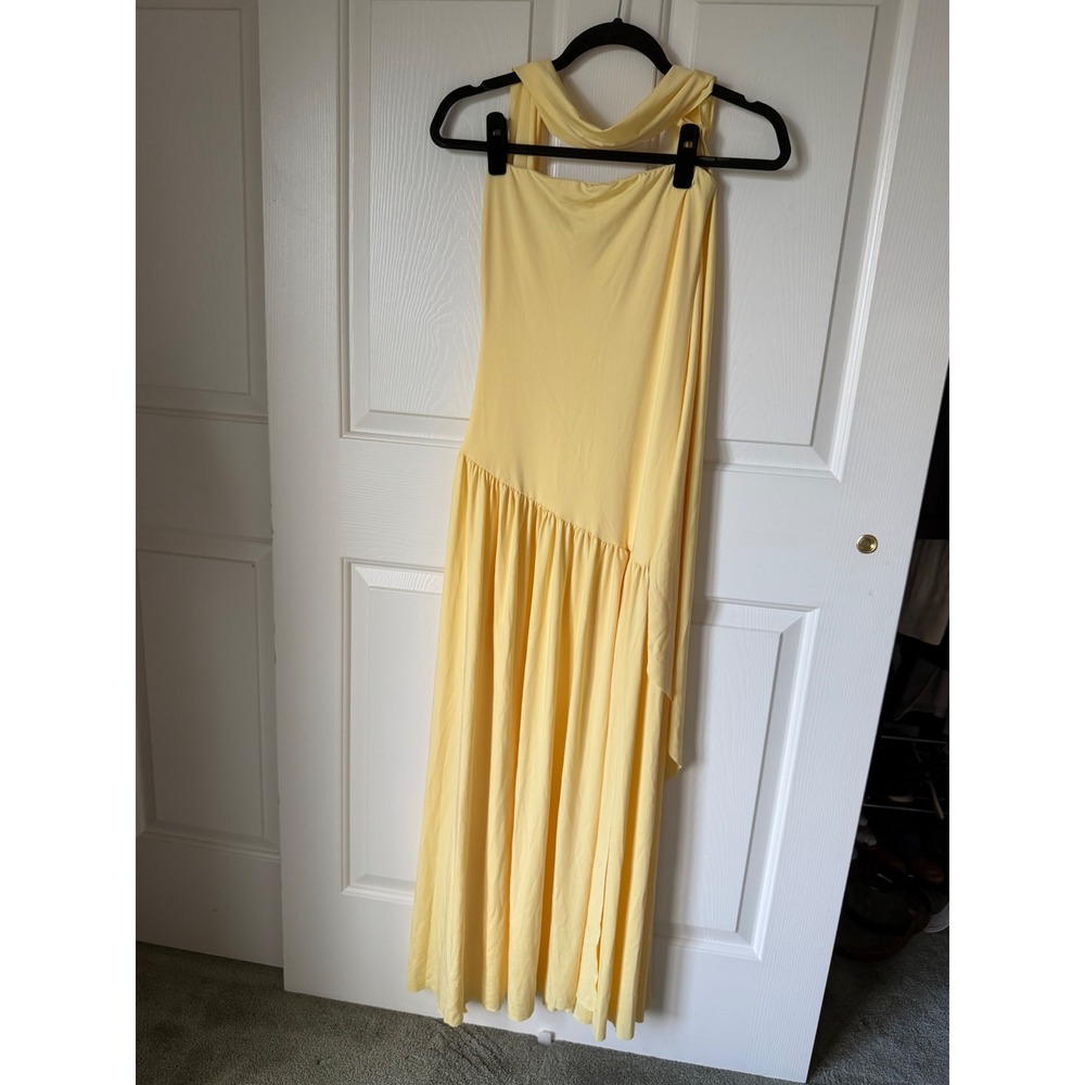 Yellow Halter Neck Asymmetrical Drop Waist Pleated Maxi Dress Women